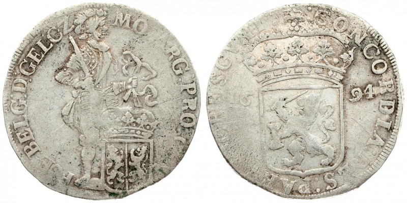 Netherlands GELDERLAND 1 Silver Ducat 1694 Averse: Knight standing right; crowne...