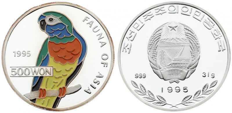 North Korea 500 Won 1995 Fauna of Asia Series - Parrot. Proof. Averse: Arms of N...