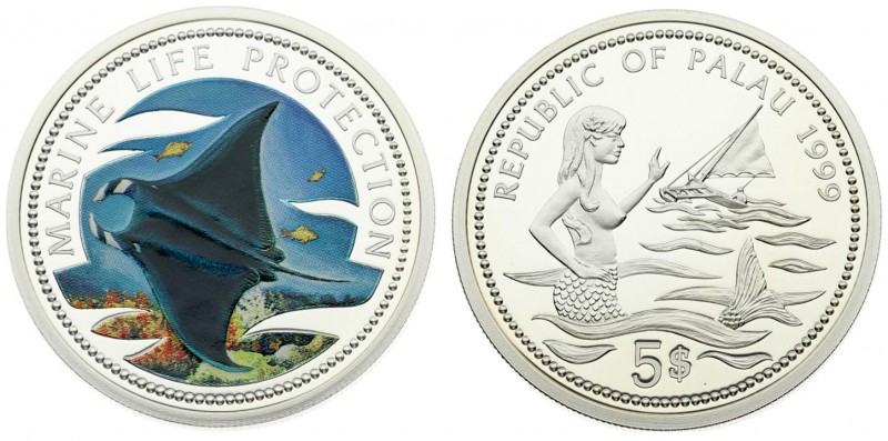 Palau 5 Dollars 1999. Manta Ray. Proof. Averse: Mermaid and value within beaded ...