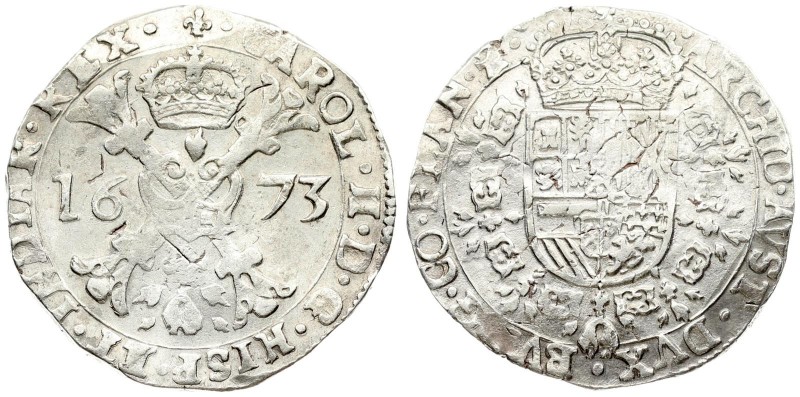 Spanish Netherlands FLANDERS 1 Patagon 1673 Charles II(1665-1700). Averse: St. A...