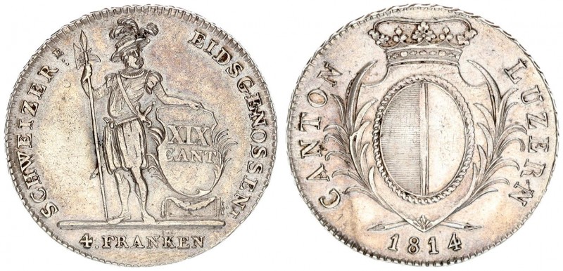 Switzerland Cantons Luzern 4 Franken 1814 Averse: Crowned oval shield within pal...