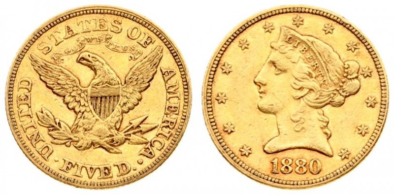 USA 5 Dollars 1880 Philadelphia. Liberty / Coronet Head - Half Eagle With motto....