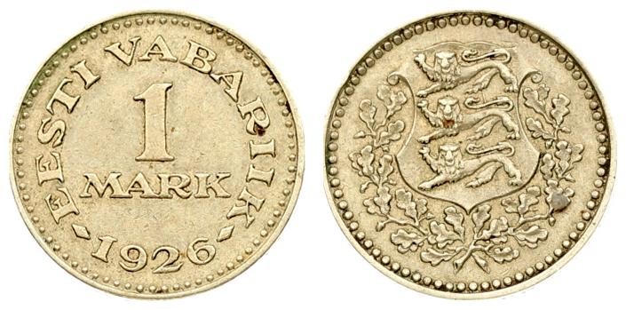 Estonia 1 Mark 1926 Averse: National arms within wreath. Reverse: Denomination. ...