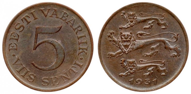 Estonia 5 Senti 1931 Averse: Three leopards left above date. Reverse: Denominati...