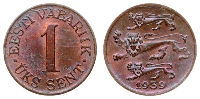 Estonia 1 Sent 1939 Averse: Three leopards left above date. Reverse: Denominatio...