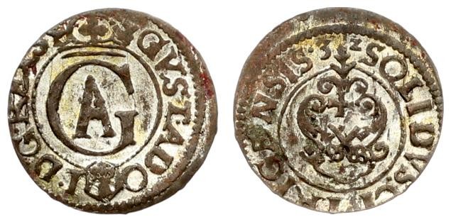 Latvia 1 Solidus 1632 Riga. Gustavus Adolphus(1611-1632). Averse: Crowned GA mon...