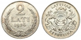 Latvia 2 Lati 1926. Averse: Arms with supporters. Reverse: Value and date within wreath. Edge Description: Milled. Silver. KM 8