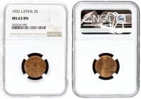 Latvia 2 Santimi 1932 Averse: National arms above ribbon. Reverse: Value and date. Edge Description: Plain. Bronze. KM 2. NGC MS 63 BN