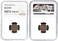 Latvia 1 Santims 1935 Averse: National arms above ribbon. Reverse: Value and date. Edge Description: Plain. Bronze. KM 1. NGC MS 64 BN