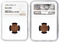 Latvia 1 Santims 1938 Averse: National arms above sprigs. Reverse: Value divides sprigs above date. Edge Description: Plain. Bronze. KM 10. NGC MS 62 ...