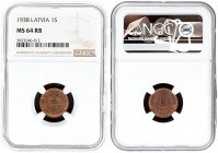 Latvia 1 Santims 1938 Averse: National arms above sprigs. Reverse: Value divides sprigs above date. Edge Description: Plain. Bronze. KM 10. NGC MS 64 ...