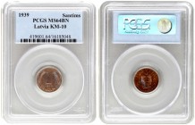 Latvia 1 Santims 1939 Averse: National arms above sprigs. Reverse: Value divides sprigs above date. Edge Description: Plain. Bronze. KM 10. PCGS MS64B...