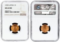 Latvia 1 Santims 1939 Averse: National arms above sprigs. Reverse: Value divides sprigs above date. Edge Description: Plain. Bronze. KM 10. NGC MS 64 ...