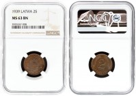 Latvia 2 Santimi 1939 Averse: National arms above sprigs. Reverse: Value flanked by sprigs above date. Edge Description: Plain. Bronze. KM 11.2. NGC M...