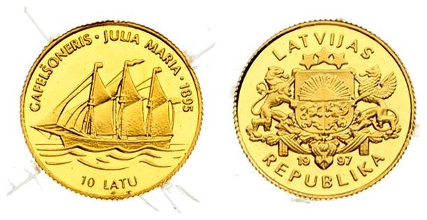 Latvia 10 Latu 1997 Averse: Arms with supporters. Reverse: Sailing ship Julia Ma...