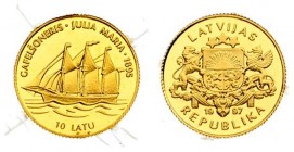 Latvia 10 Latu 1997 Averse: Arms with supporters. Reverse: Sailing ship Julia Maria . Edge Description: Reeded. Gold. KM 42. With Box & Certificate (d...