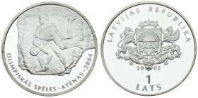 Latvia 1 Lats 2002 Olympics 2004 Averse: Arms with supporters. Reverse: Ancient wrestlers. Edge Lettering: LATVIJAS BANKA • LATVIJAS BANKA. Silver. KM...