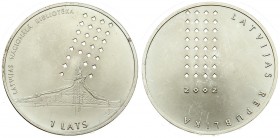 Latvia 1 Lats 2002 National Library. Averse: Country name and diamonds pattern. Reverse: Library building sketch and diamonds design. Edge Lettering: ...