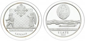 Latvia 1 Lats 2004 Latgale. Averse: Madonna and Child above landscape. Reverse: Man sowing seeds and an angel. Edge Lettering: LATVIJAS BANKA • LATVIJ...