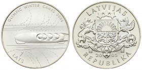 Latvia 1 Lats 2005 Olympics. Averse: National arms. Reverse: Bobsled. Edge Lettering: LATVIJA (three times). Silver. KM 69