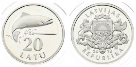 Latvia 20 Latu 2013 20th Anniversary of the return of Lats coinage. Averse: National arms. Reverse: Salmon. Edge Description: Lettered. Silver. KM 138...