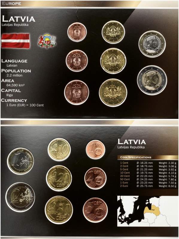 Latvia 3.88 EUR Plastefolder 1-50 Cent & 1-2 Euro 2014. Latvia coins set 2014 wi...