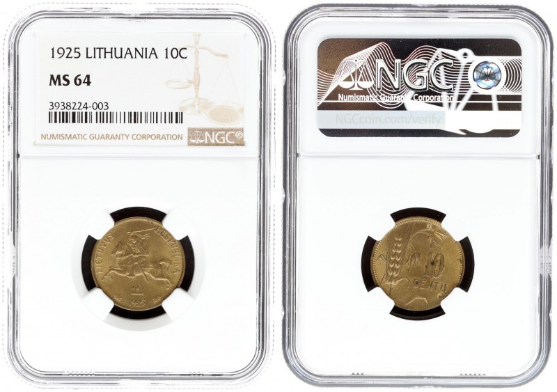 Lithuania 10 Centų 1925 Averse: National arms. Reverse: Value to right of saggin...