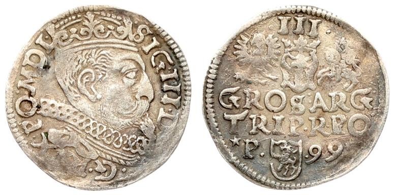 Poland 3 Groszy 1599 Poznan. Sigismund III Vasa (1587-1632). Averse: Crowned bus...