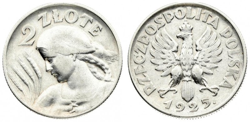 Poland 2 Zlote 1925 (London) Dot after date. Averse: Crowned eagle with wings op...