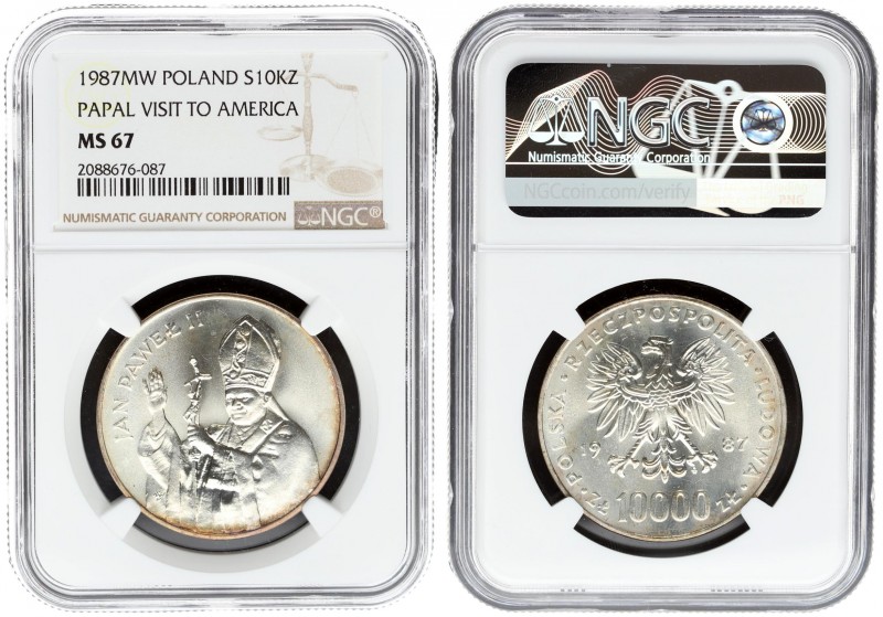 Poland 10000 Zlotych 1987MW Papal Visit. Averse: Imperial eagle above value. Rev...