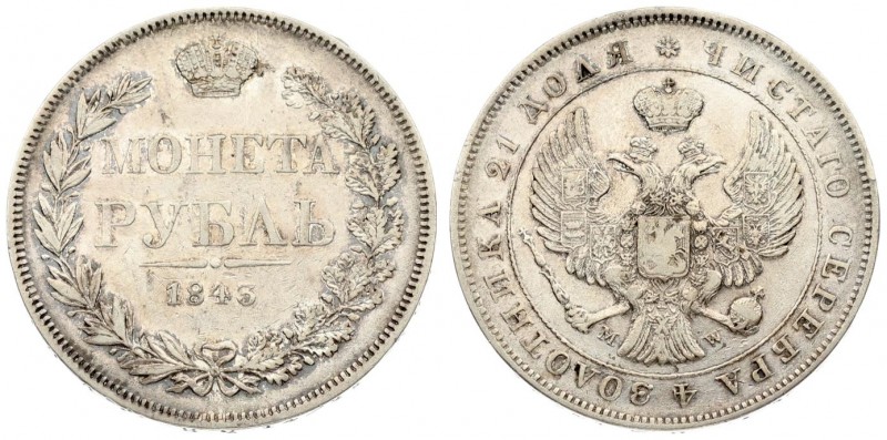 Russia 1 Rouble 1843 MW Warsaw. Nicholas I (1826-1855). Av.: Crowned double-head...
