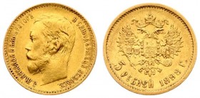 Russia 5 Roubles 1898 (АГ) St. Petersburg. Nicholas II (1894-1917). Averse: Head left. Reverse: Crowned double imperial eagle ribbons on crown. Gold. ...