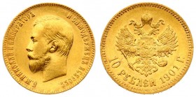 Russia 10 Roubles 1901 (ФЗ) St. Petersburg. Nicholas II (1894-1917). Averse: Head left. Reverse: Crowned double imperial eagle ribbons on crown. Gold....