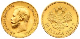 Russia 10 Roubles 1901 (AP) St. Petersburg. Nicholas II (1894-1917). Averse: Head left. Reverse: Crowned double imperial eagle ribbons on crown. Gold....