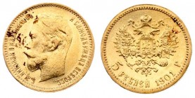Russia 5 Roubles 1901 (ФЗ) St. Petersburg. Nicholas II (1894-1917). Averse: Head left. Reverse: Crowned double imperial eagle ribbons on crown. Gold. ...