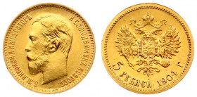 Russia 5 Roubles 1904 (AP) St. Petersburg. Nicholas II (1894-1917). Averse: Head left. Reverse: Crowned double imperial eagle ribbons on crown. Gold. ...