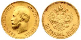 Russia 10 Roubles 1909 (ЭБ) St. Petersburg. Nicholas II (1894-1917). Averse: Head left. Reverse: Crowned double imperial eagle ribbons on crown. Gold....