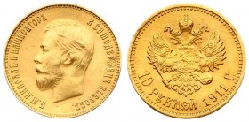 Russia 10 Roubles 1911 (ЭБ) St. Petersburg. Nicholas II (1894-1917). Averse: Head left. Reverse: Crowned double imperial eagle ribbons on crown. Gold....