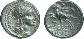 MONETE ROMANE REPUBBLICANE. GENS SERGIA. DENARIO
M. Sergius Silus (116-115 a.C.)
Argento, chiusa e sigillata Tevere.
D: ROMA EX. S. C. Testa di Rom...