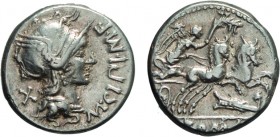 MONETE ROMANE REPUBBLICANE. GENS CIPIA. DENARIO 
M. Cipius M. f. (115-114 a.C.)
Argento, 3,93 gr, 16 mm, q SPL.
D: M. CIPI. M. F. Testa di Roma elm...