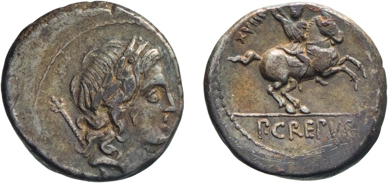 MONETE ROMANE REPUBBLICANE. GENS CREPUSIA. DENARIO 
Pub. Crepusius (82 a.C.)
A...