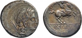 MONETE ROMANE REPUBBLICANE. GENS CREPUSIA. DENARIO 
Pub. Crepusius (82 a.C.)
Argento, 3,87 gr, 16 mm, buon BB.
D: Testa di Apollo a destra, scettro...