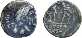 MONETE ROMANE REPUBBLICANE. SESTO POMPEO MAGNO. DENARIO
Sextus Pompeius Magnus (42-40 a.C. o 37-36 a.C.)
Argento, chiusa e sigillata Tevere.
D: MAG...