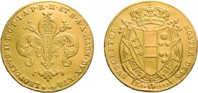 ZECCHE ITALIANE. FIRENZE. LEOPOLDO II (1824-1859). 80 FIORINI 1827
Oro, 32,40 gr, 31 mm, colpetto al bordo, BB.
D: Giglio con due fiori. 
R: Stemma...