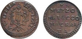 ZECCHE ITALIANE. MACERATA. PRIMA REPUBBLICA ROMANA (1798-1799) MEZZO BAIOCCO (1798) 
Rame, 2,45 gr, 22 mm. Molto Rara. Quasi SPL
D: AI . DELLA / LIB...