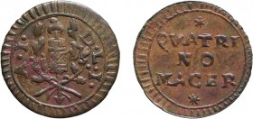 ZECCHE ITALIANE. MACERATA. PRIMA REPUBBLICA ROMANA (1798-1799). QUATTRINO S.D. (1798)
Rame, 1,03 gr, 16,5 mm. Molto Rara, SPL
D: Fascio littorio scu...
