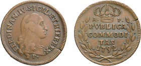 ZECCHE ITALIANE. REGNO DI NAPOLI. FERDINANDO IV (1759-1816). 
3 TORNESI 1792 A.P.
Rame, 8,59 gr, 29 mm. Rara, SPL
D: FERDINAN IV SICIL ET HIER REX ...