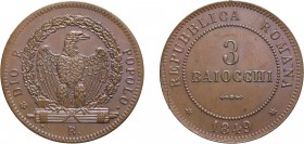 ZECCHE ITALIANE. SECONDA REPUBBLICA ROMANA (1848-1849). 3 BAIOCCHI 1849
Roma. Rame, 24,62 gr, 37 mm. Quasi FDC
D: REPUBBLICA ROMANA Tra due stelle, ...