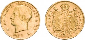 MONETE NAPOLEONICHE. NAPOLEONE RE D'ITALIA (1805-1814). 20 LIRE 1812 MILANO
Oro, 6,42 gr, 21 mm, graffi, qBB.
D: Testa di Napoleone a sinistra.
R: ...