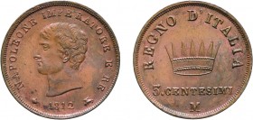 MONETE NAPOLEONICHE. NAPOLEONE RE D'ITALIA (1805-1814). 3 CENTESIMI 1812 MILANO
6,30 gr, 23 mm. FDC
D: Testa di Napoleone a sinistra.
R: Corona fer...